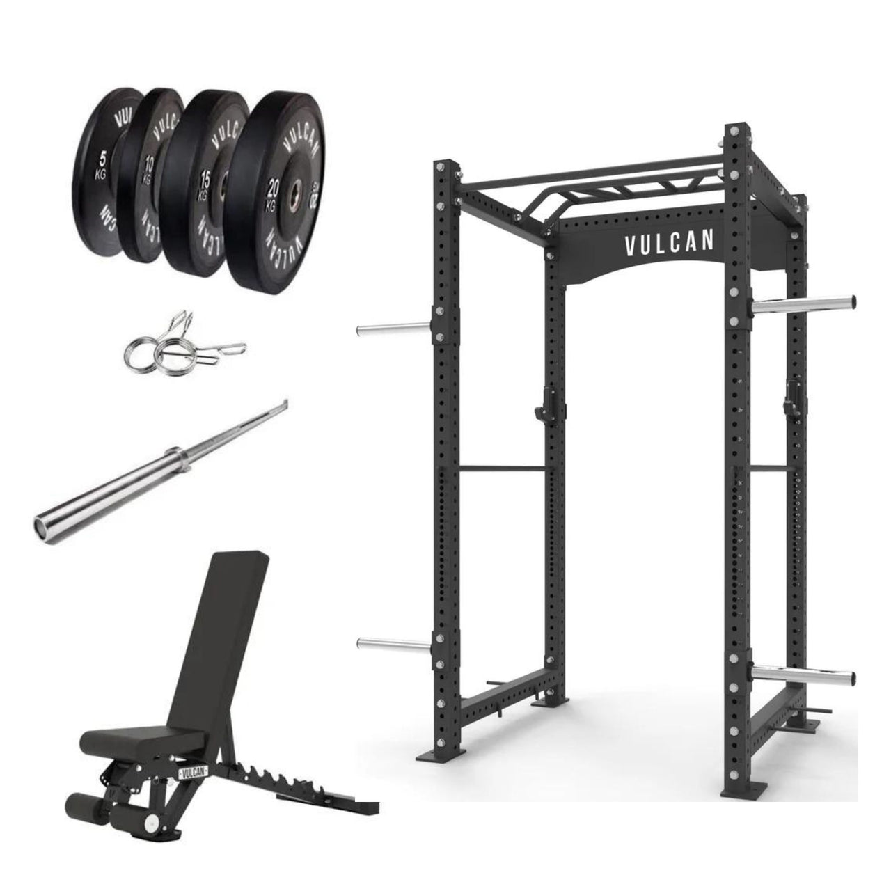 VULCAN Commercial Power Cage, Olympic Barbell, 100kg Black Bumper Weight Plates & Commercial FID Bench | IN STOCK