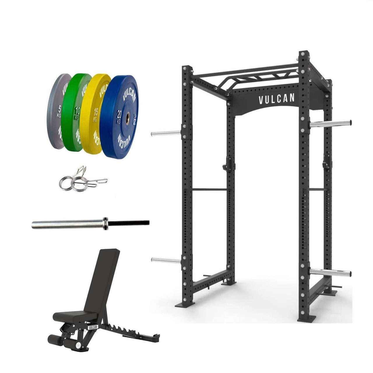 VULCAN Commercial Power Cage, Olympic Barbell, 100kg Colour Bumper Weight Plates & Commercial FID Bench | IN STOCK
