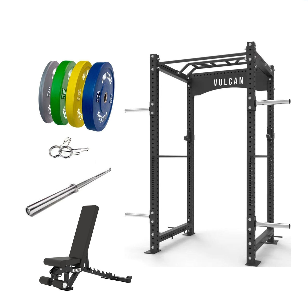 VULCAN Commercial Power Cage, Olympic Barbell, 100kg Colour Bumper Weight Plates & Commercial FID Bench | IN STOCK
