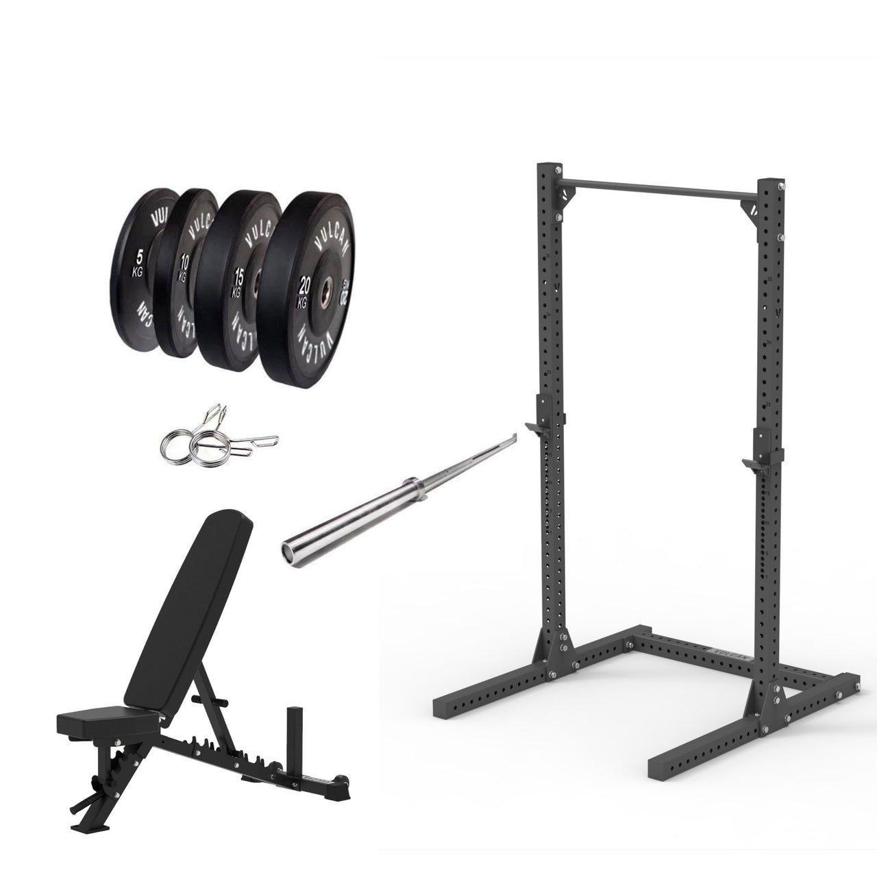 VULCAN Elite Squat Rack, Olympic Barbell, 100kg Black Bumper Weight Plates & Pro Adjustable Bench | IN STOCK