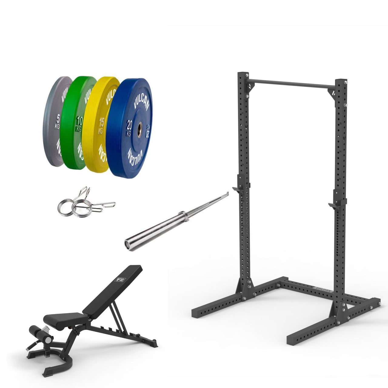 VULCAN Elite Squat Rack, Olympic Barbell, 100kg Colour Bumper Weight Plates & Adjustable Bench | IN STOCK