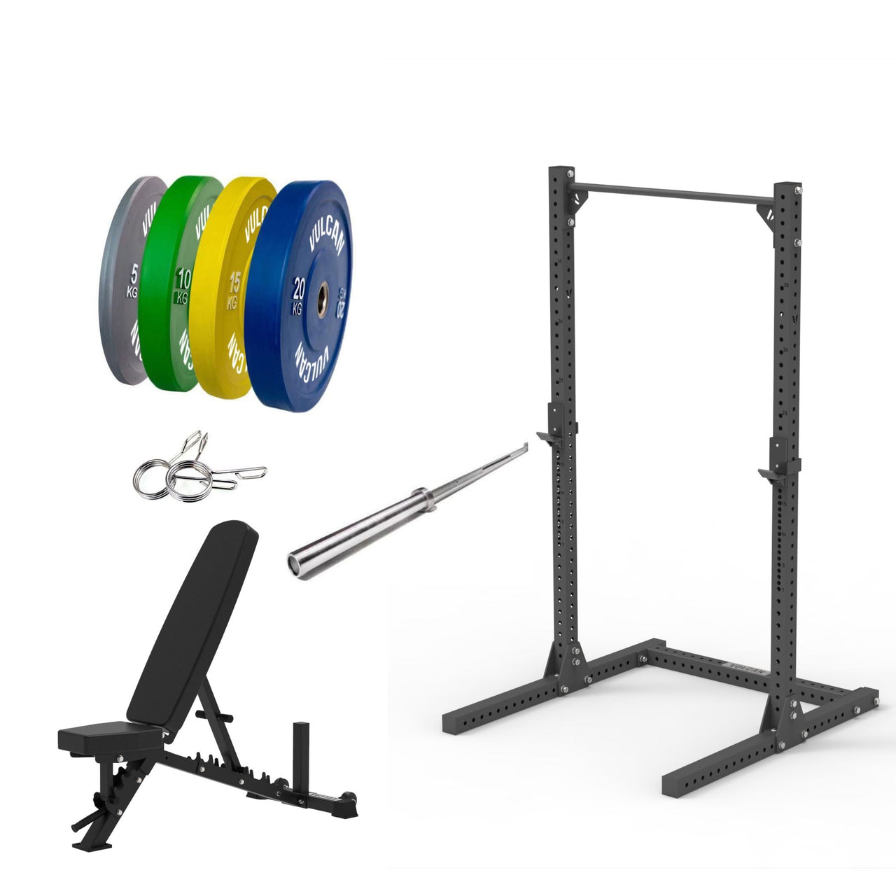 VULCAN Elite Squat Rack, Olympic Barbell, 100kg Colour Bumper Weight Plates & Pro Adjustable Bench | IN STOCK