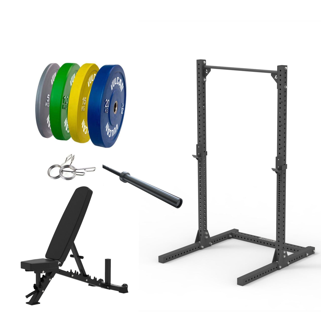 VULCAN Elite Squat Rack, Olympic Barbell, 100kg Colour Bumper Weight Plates & Pro Adjustable Bench | IN STOCK