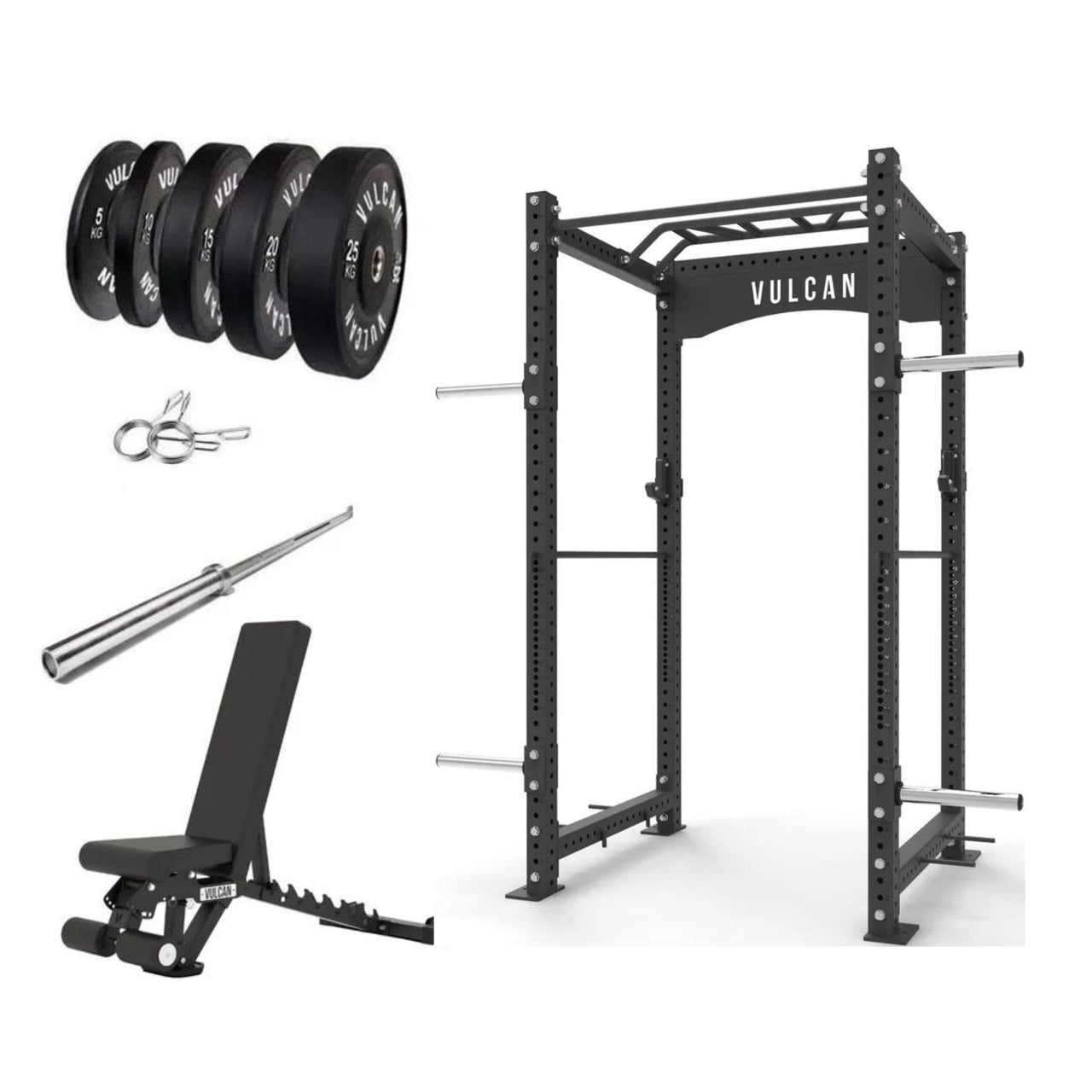 VULCAN Commercial Power Cage, Olympic Barbell, 150kg Black Bumper Weight Plates & Commercial FID Bench | IN STOCK