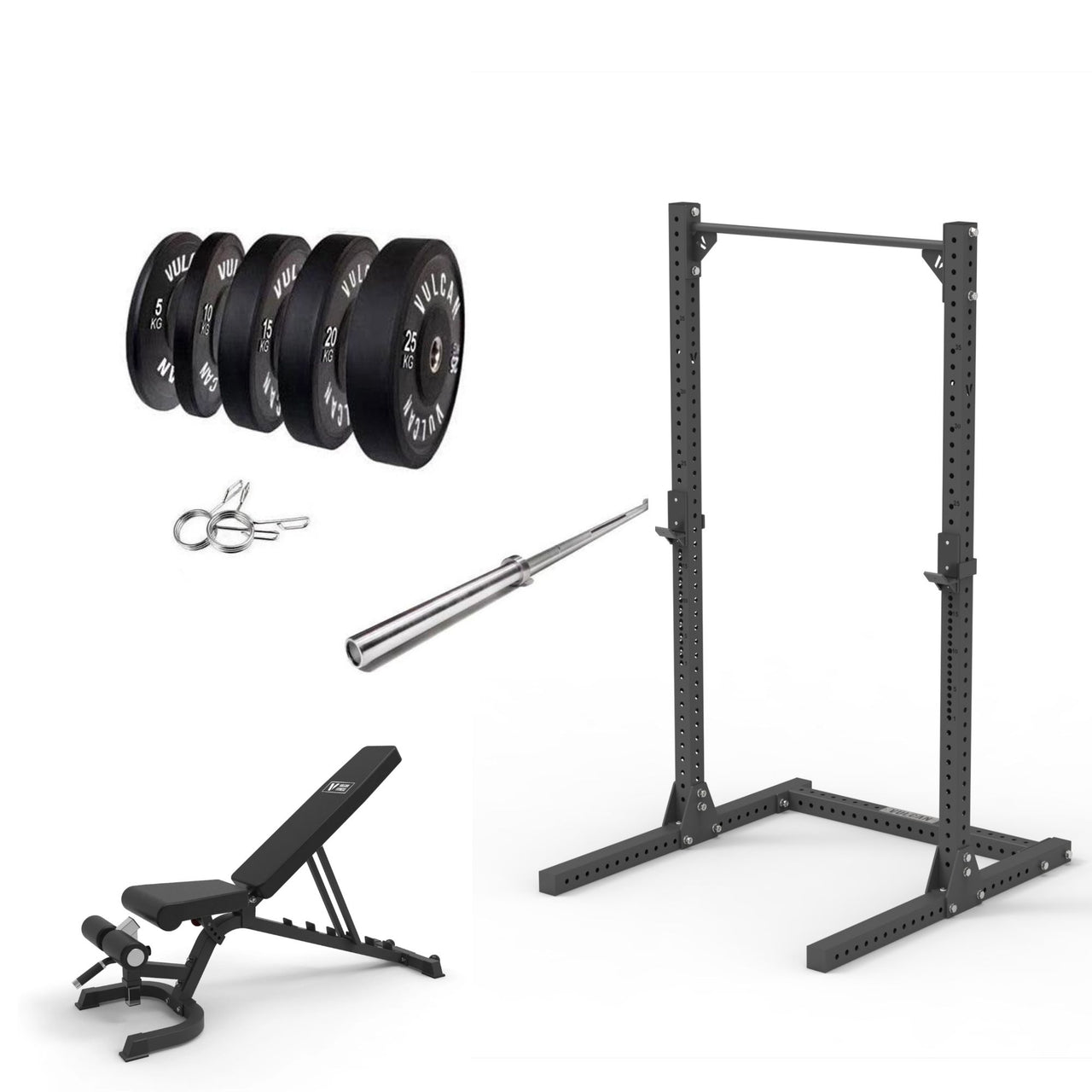 VULCAN Elite Squat Rack, Olympic Barbell, 150kg Black Bumper Weight Plates & Adjustable Bench | IN STOCK