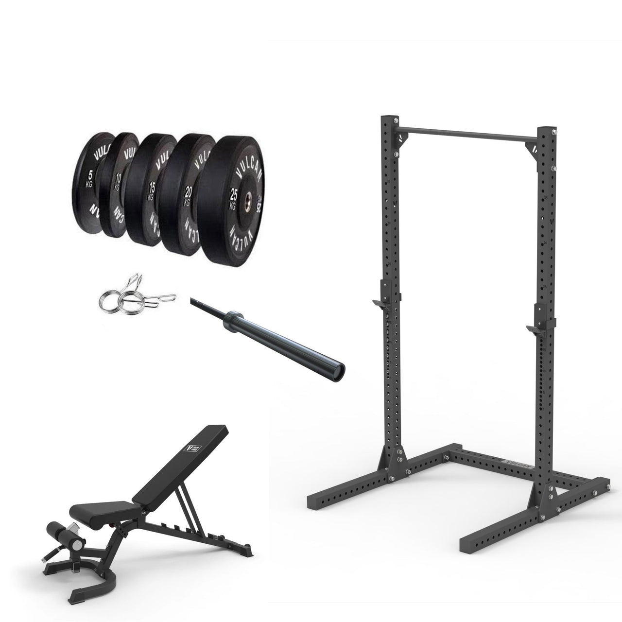 VULCAN Elite Squat Rack, Olympic Barbell, 150kg Black Bumper Weight Plates & Adjustable Bench | IN STOCK