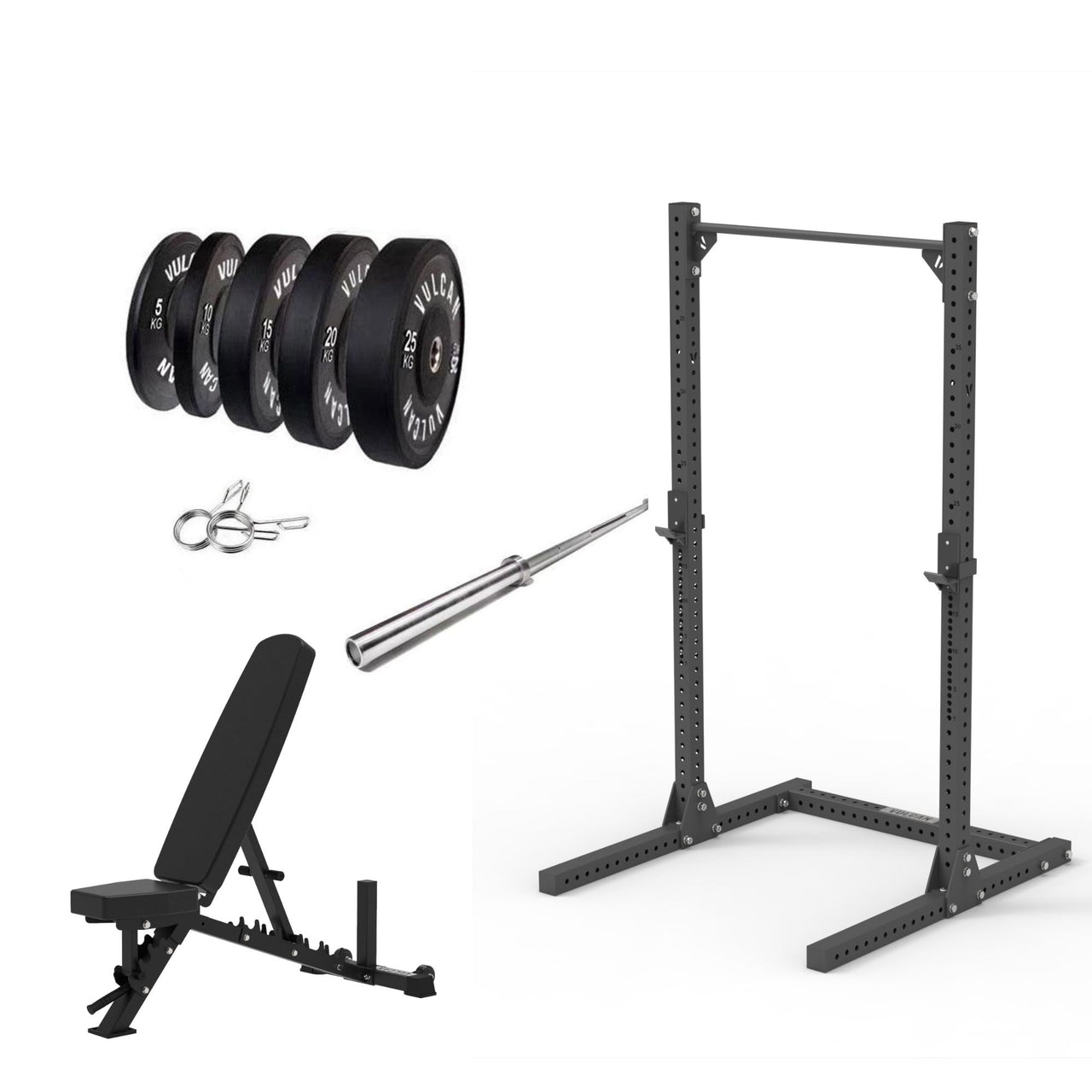 VULCAN Elite Squat Rack, Olympic Barbell, 150kg Black Bumper Weight Plates & Pro Adjustable Bench | IN STOCK