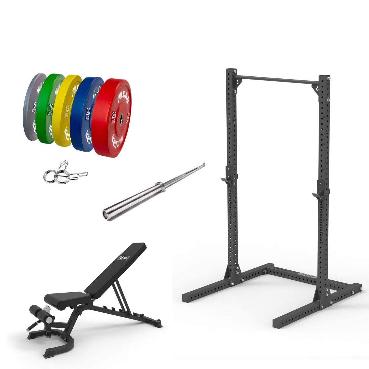VULCAN Elite Squat Rack, Olympic Barbell, 150kg Colour Bumper Weight Plates & Adjustable Bench | IN STOCK