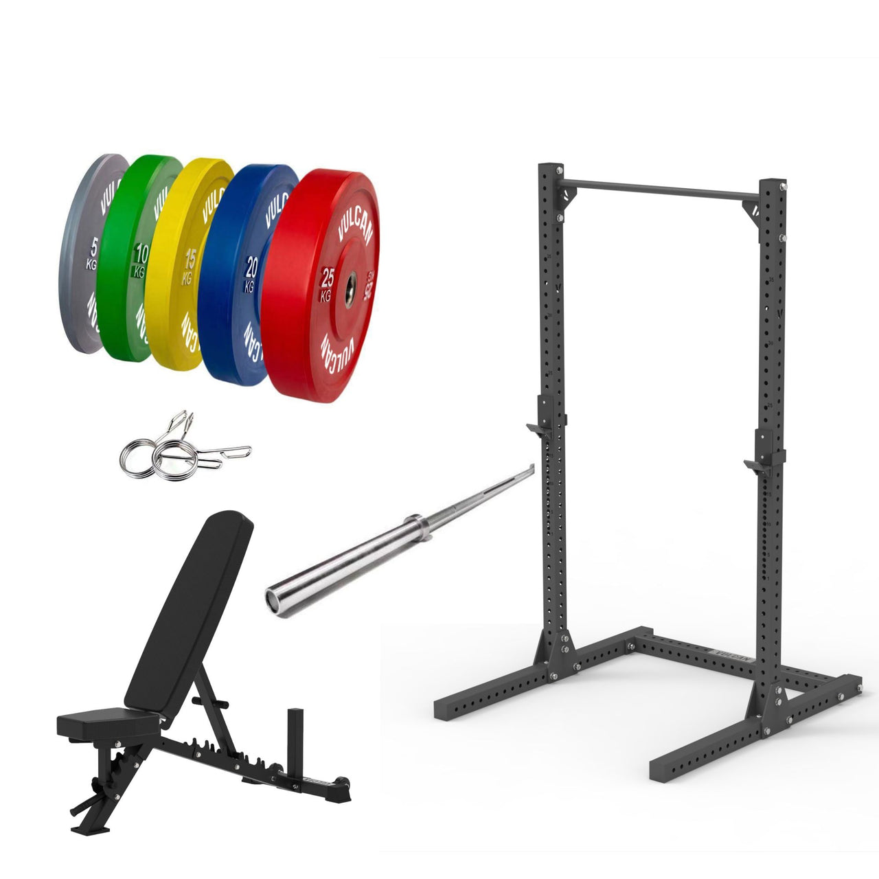 VULCAN Elite Squat Rack, Olympic Barbell, 150kg Colour Bumper Weight Plates & Pro Adjustable Bench | IN STOCK