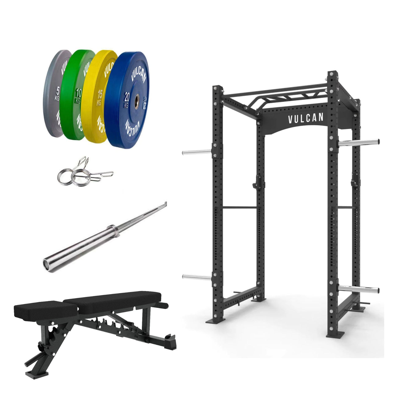 VULCAN Commercial Power Rack Olympic Barbell, 100kg Colour Bumper Weight Plates & Pro Adjustable Bench | IN STOCK