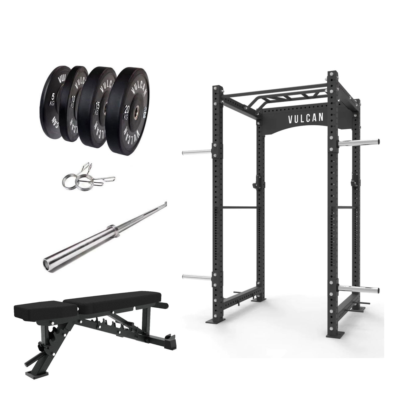 VULCAN Commercial Power Rack, Olympic Barbell, 100kg Black Bumper Weight Plates & Adjustable Bench | IN STOCK