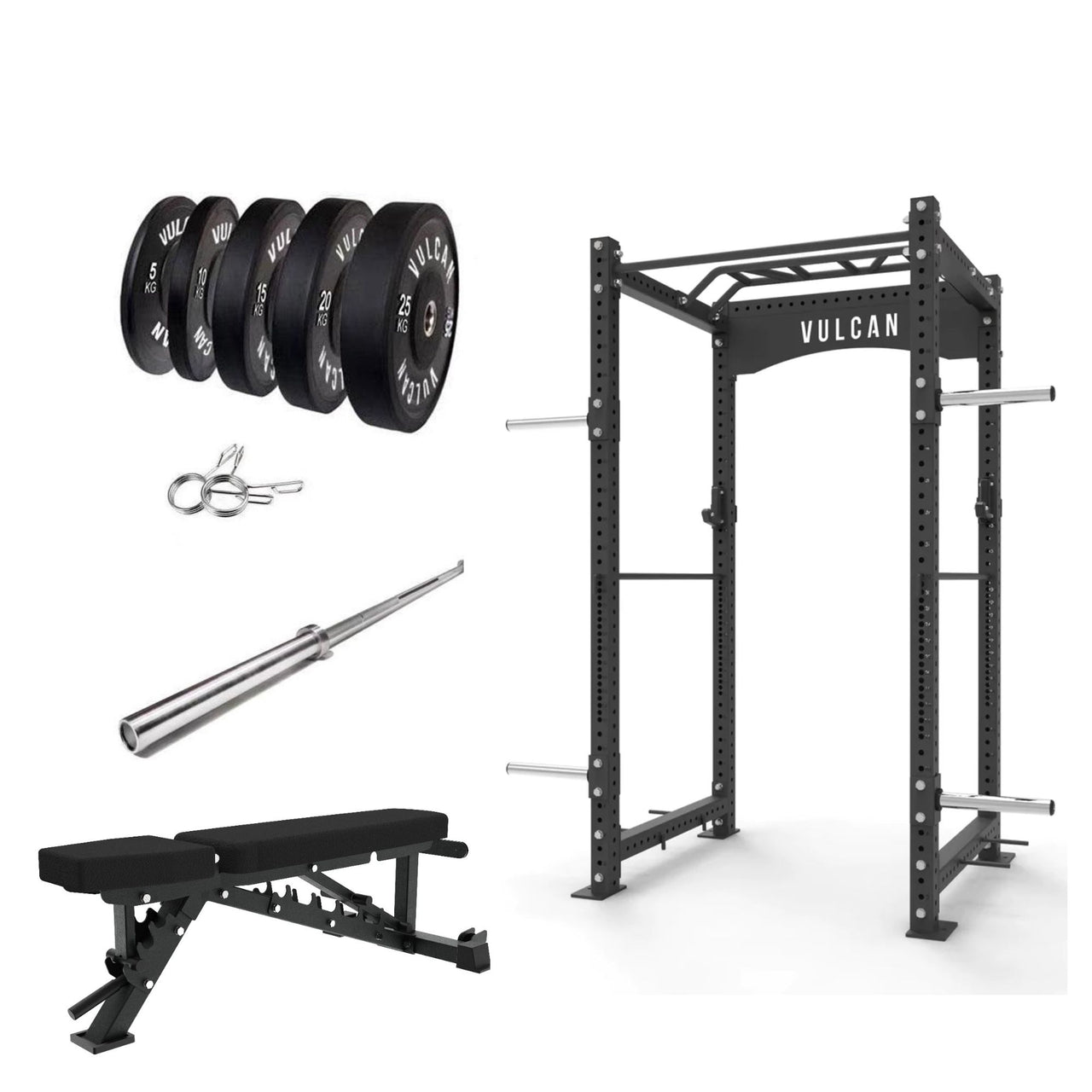 VULCAN Commercial Power Rack, Olympic Barbell, 150kg Black Bumper Weight Plates & Pro Adjustable Bench | IN STOCK