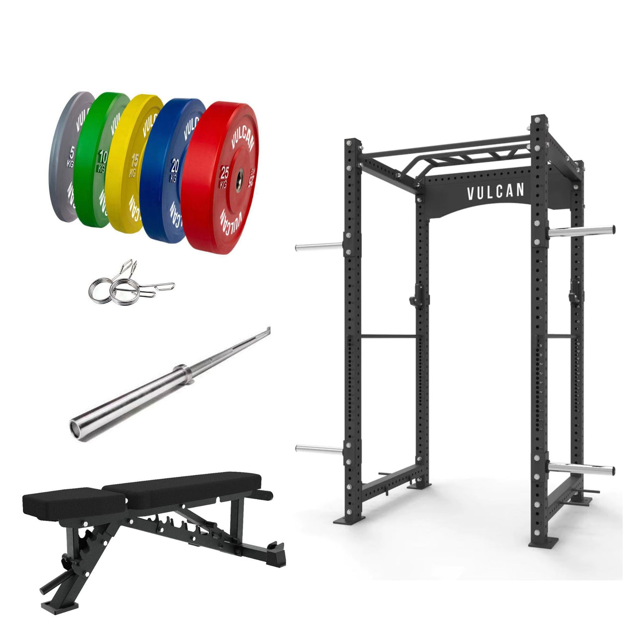 VULCAN Commercial Power Rack, Olympic Barbell, 150kg Colour Bumper Weight Plates & Adjustable Bench | IN STOCK