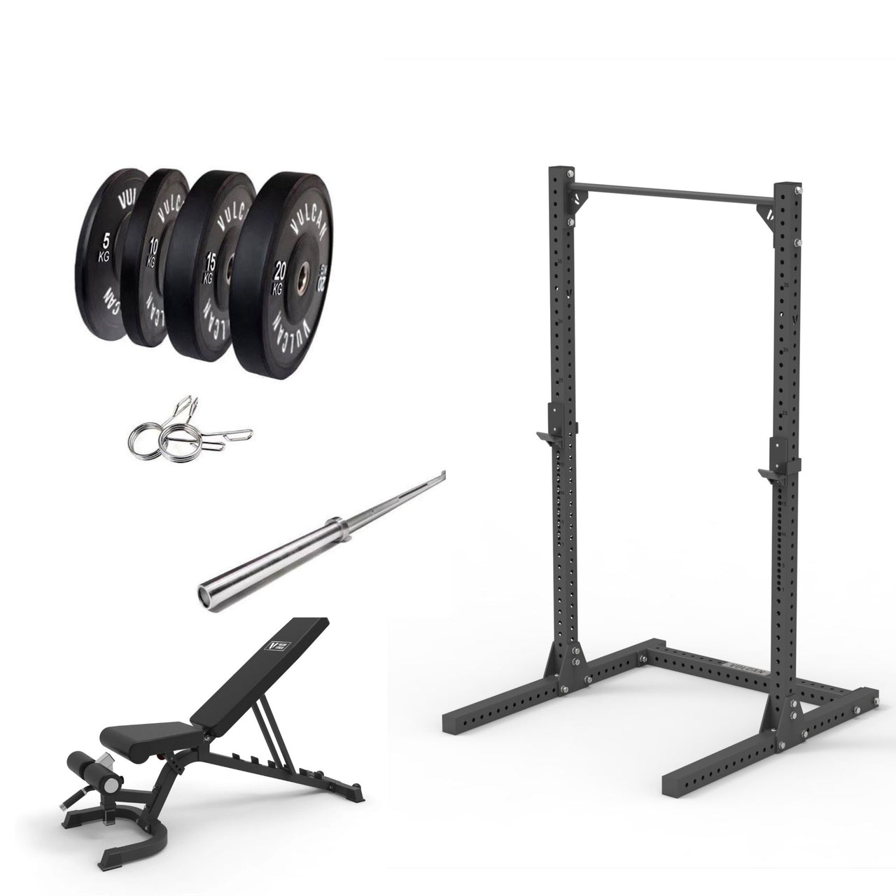 VULCAN Elite Squat Rack, Olympic Barbell, 100kg Black Bumper Weight Plates & Adjustable Bench | IN STOCK