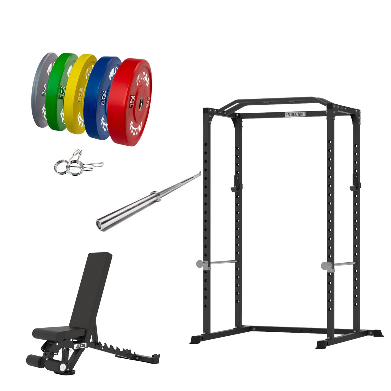 VULCAN Home Gym Power Cage, Olympic Barbell, 150kg Colour Bumper Weight Plates & Commercial FID Bench | IN STOCK