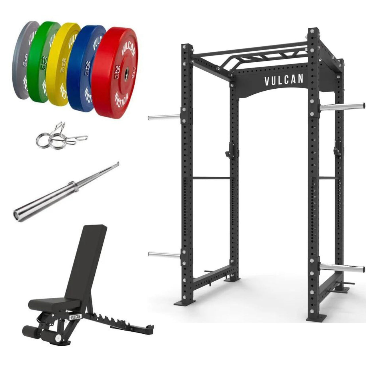 VULCAN Commercial Power Cage, Olympic Barbell, 150kg Colour Bumper Weight Plates & Commercial FID Bench | IN STOCK