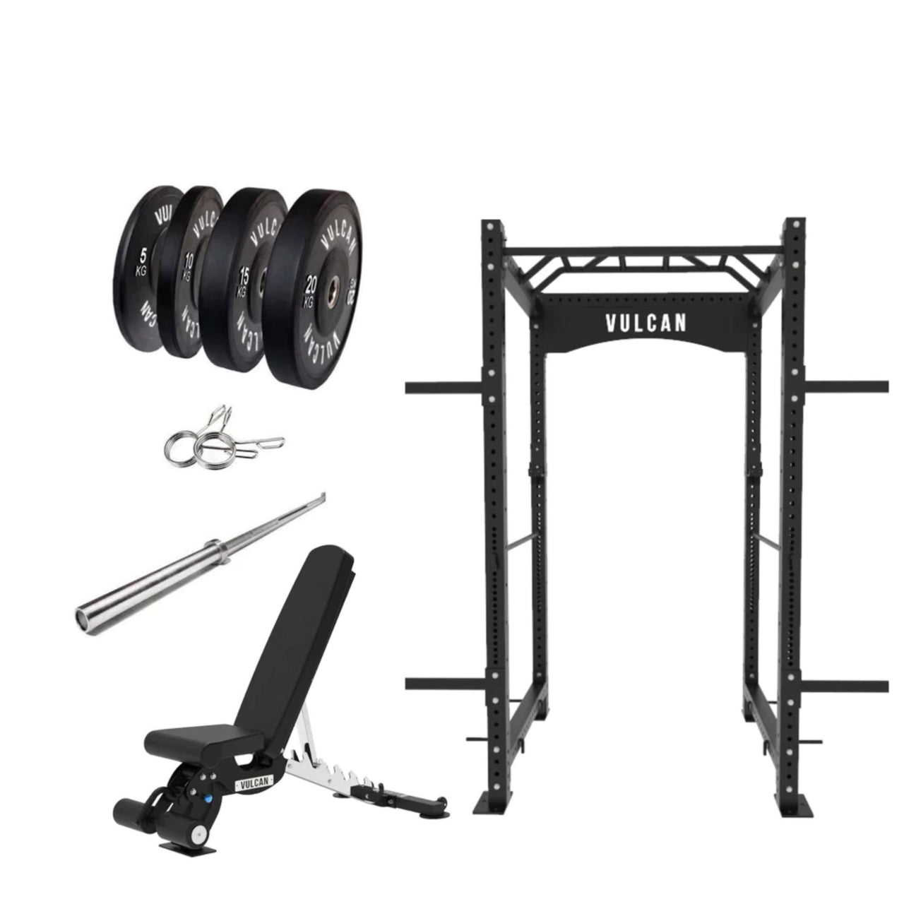 VULCAN Commercial Power Cage, Olympic Barbell, 100kg Black Bumper Weight Plates & Commercial FID Bench | IN STOCK