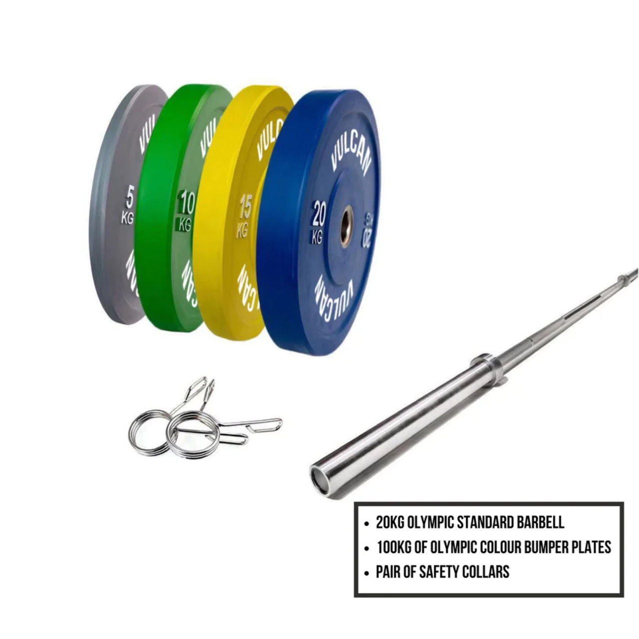 VULCAN Standard Colour Bumper Package (Olympic Barbell & 100kg Bumper Plates) | IN STOCK