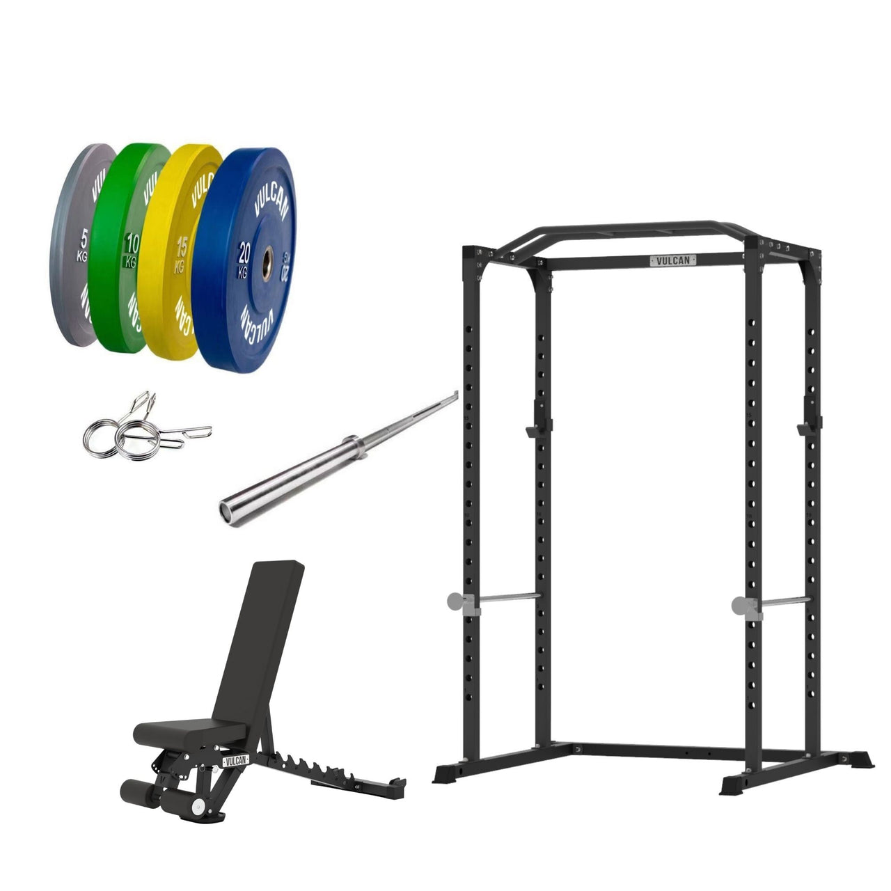 VULCAN Home Gym Power Cage, Olympic Barbell, 100kg Colour Bumper Weight Plates & Commercial FID Bench | IN STOCK
