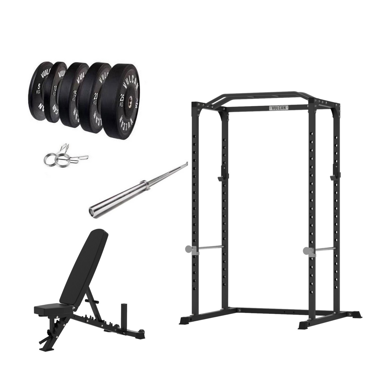 VULCAN Home Gym Power Cage, Olympic Barbell, 150kg Black Bumper Weight Plates & Pro Adjustable Bench | IN STOCK