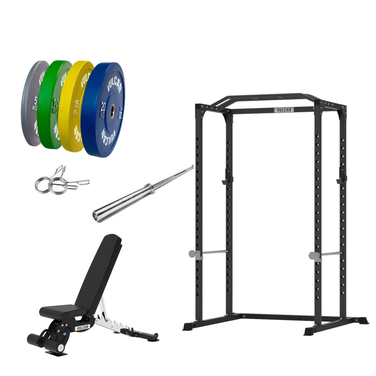 VULCAN Home Gym Power Cage, Olympic Barbell, 100kg Colour Bumper Weight Plates & Commercial FID Bench | IN STOCK