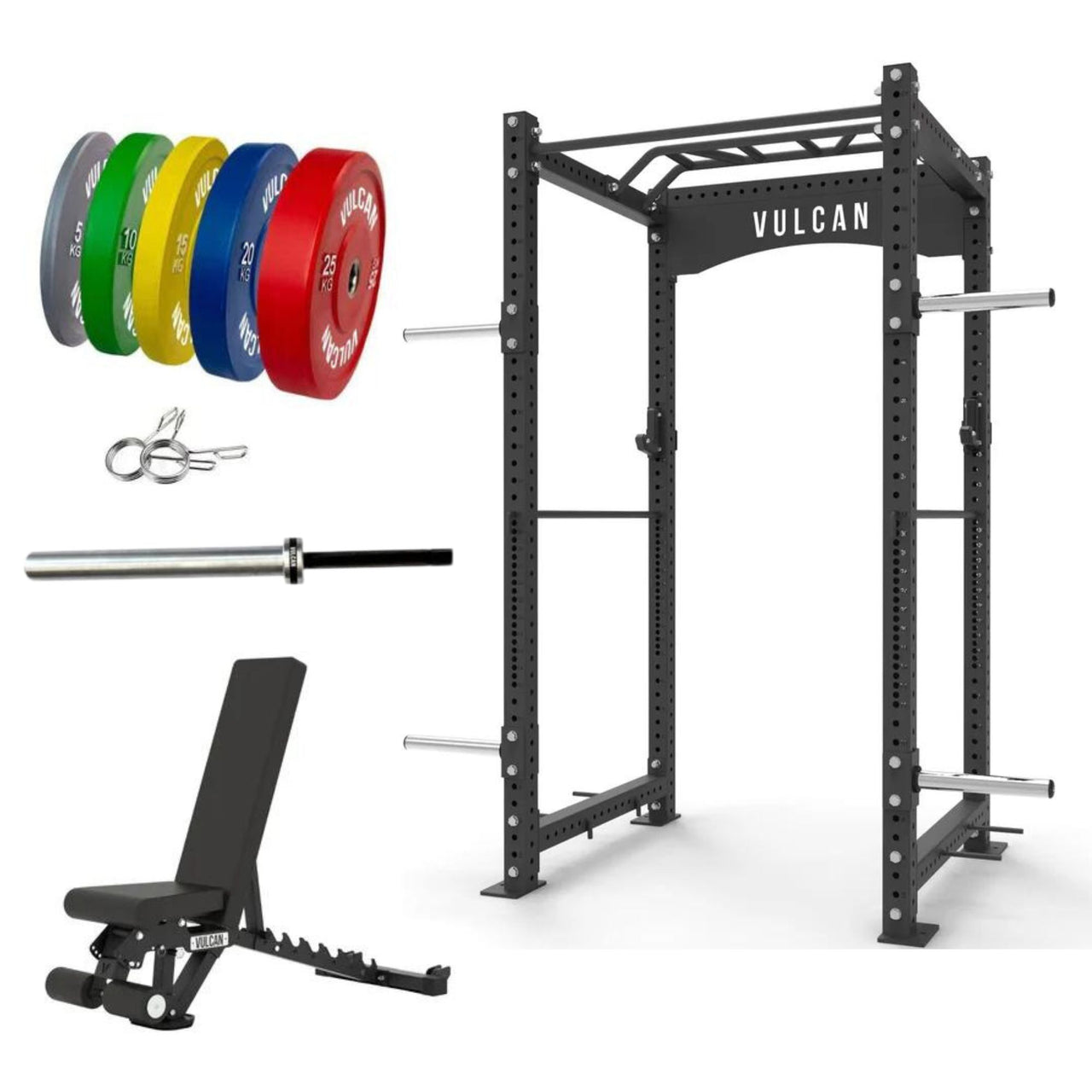VULCAN Commercial Power Cage, Olympic Barbell, 150kg Colour Bumper Weight Plates & Commercial FID Bench | IN STOCK