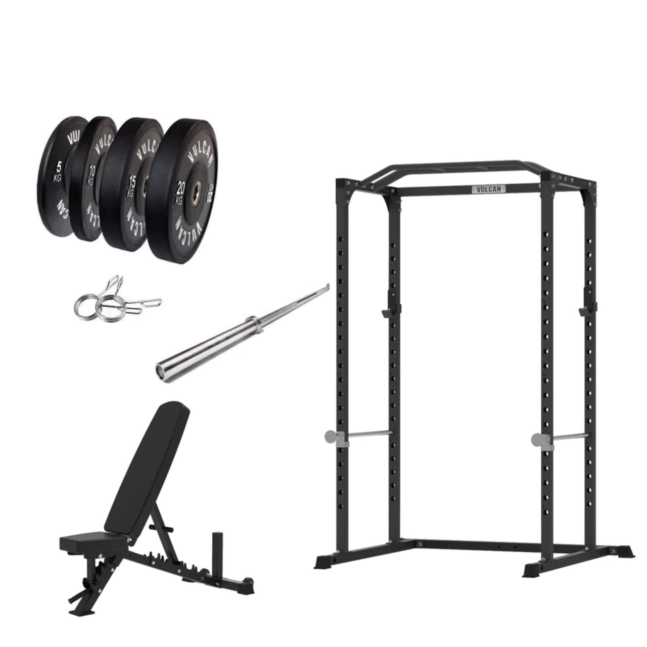 VULCAN Home Gym Power Cage, Olympic Barbell, 100kg Black Bumper Weight Plates & Pro Adjustable Bench | IN STOCK