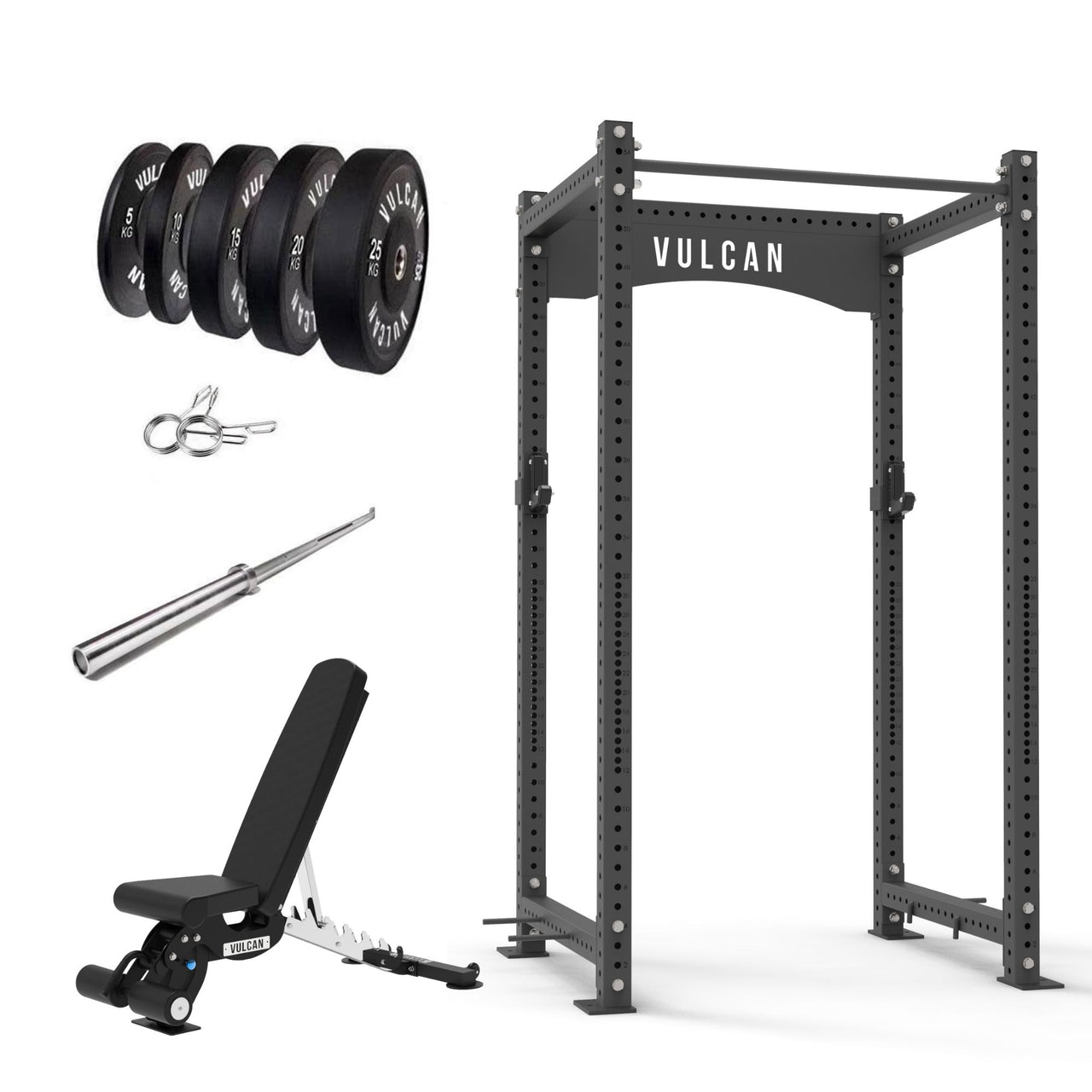 VULCAN Atlas Power Rack, Olympic Barbell, 150kg Black Bumper Weight Plates & Commercial FID Bench | IN STOCK