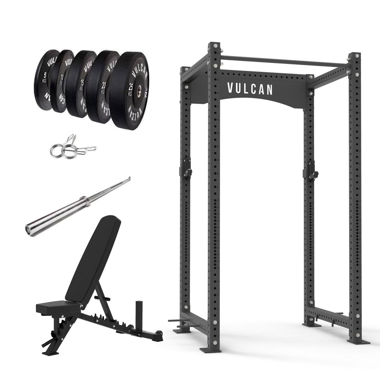 VULCAN Atlas Power Rack, Olympic Barbell, 150kg Black Bumper Weight Plates & Pro Adjustable Bench | IN STOCK