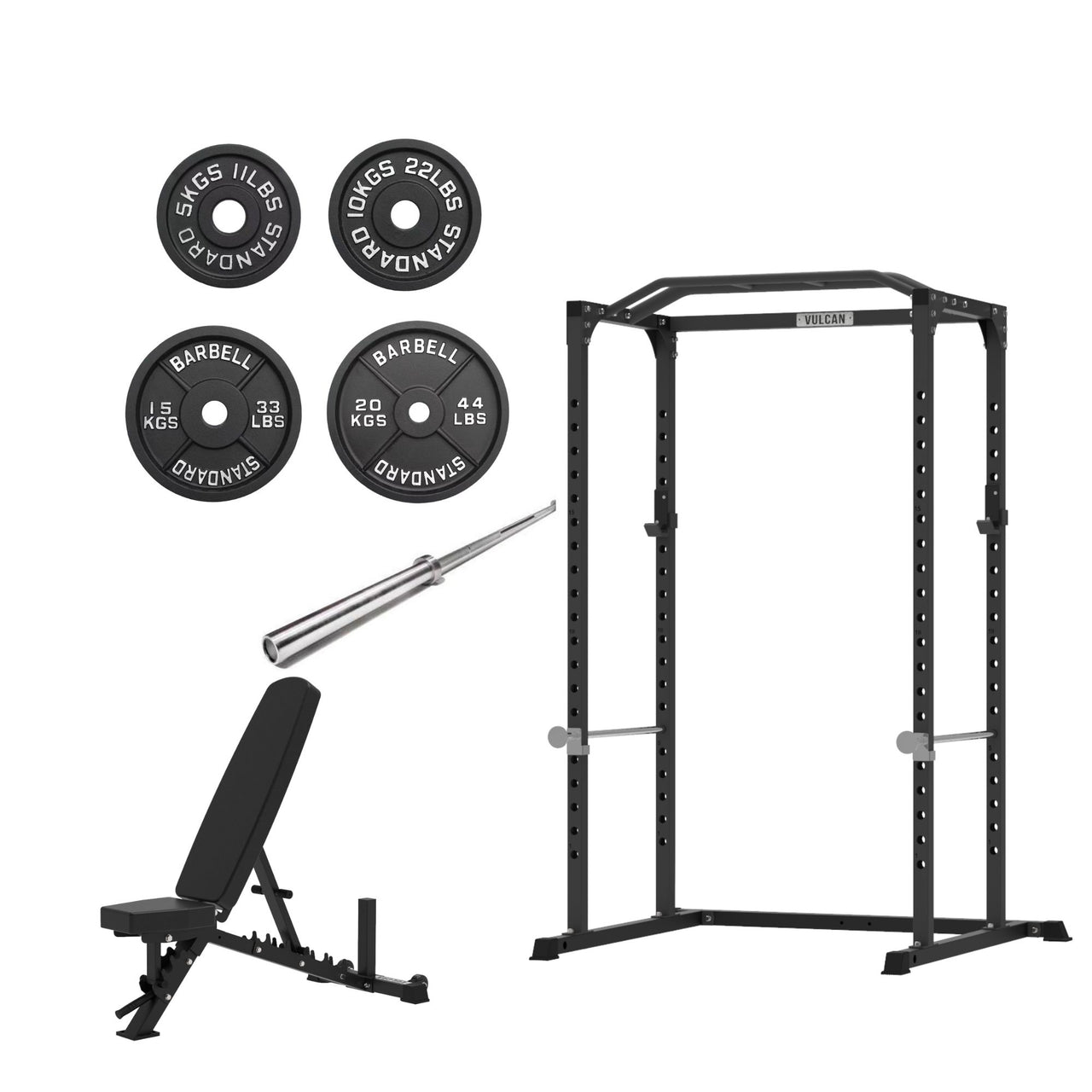 VULCAN Home Gym Power Cage, Olympic Barbell, 100kg Machined Olympic Iron Plates & Pro Adjustable Bench | IN STOCK