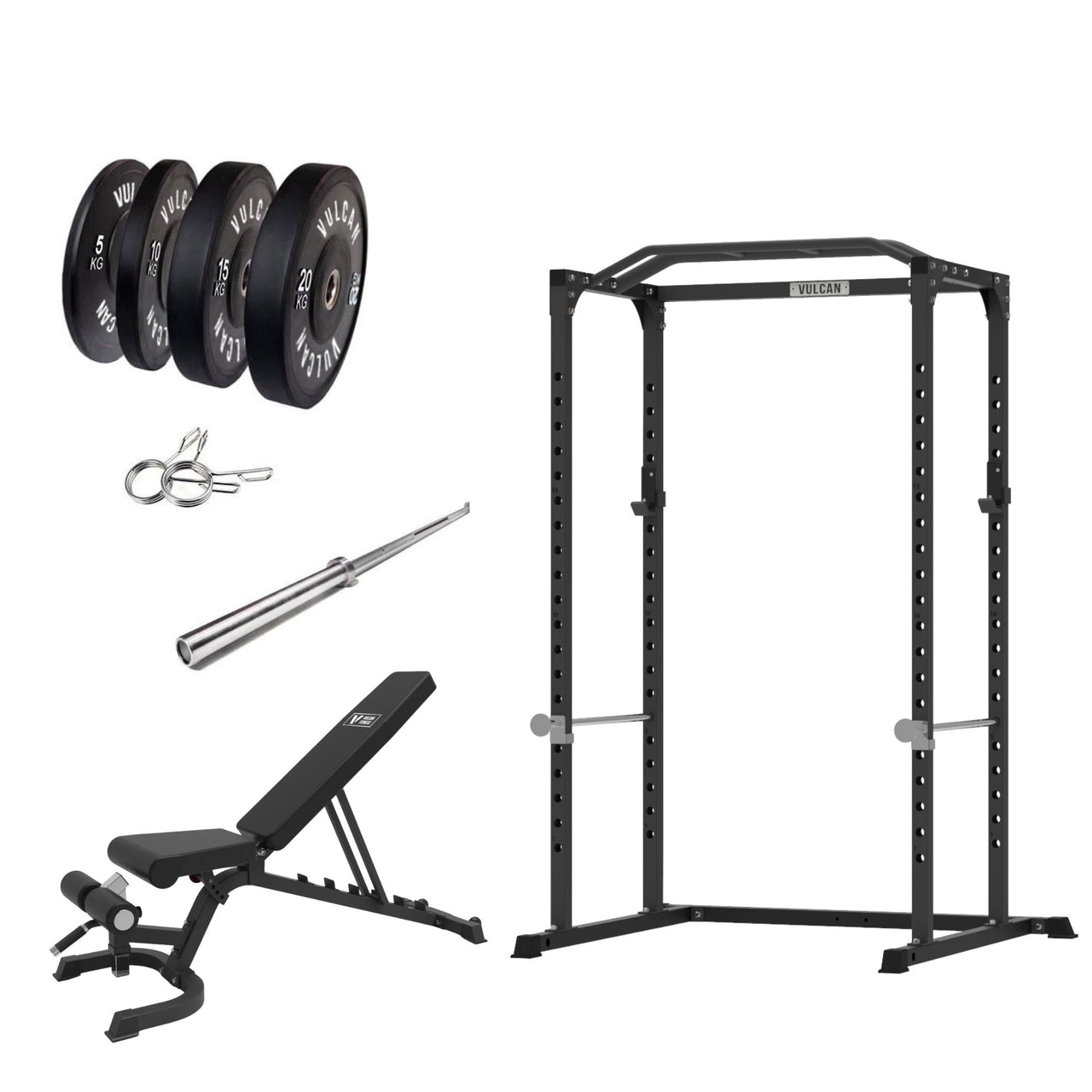 VULCAN Home Gym Power Cage, Olympic Barbell, 100kg Black Bumper Weight Plates & Home Adjustable Bench | IN STOCK