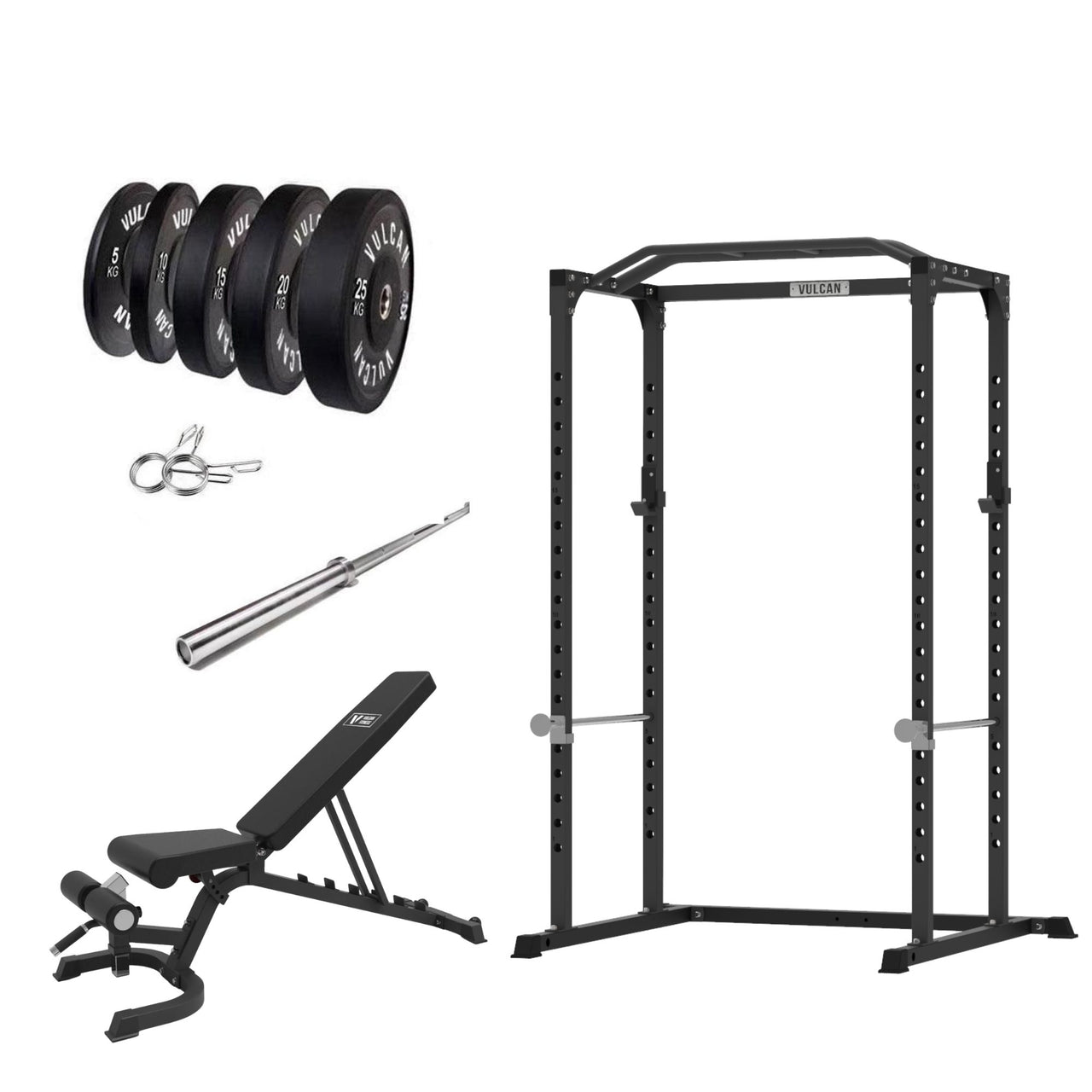 VULCAN Home Gym Power Cage, Olympic Barbell, 150kg Black Bumper Weight Plates & Adjustable Bench | IN STOCK