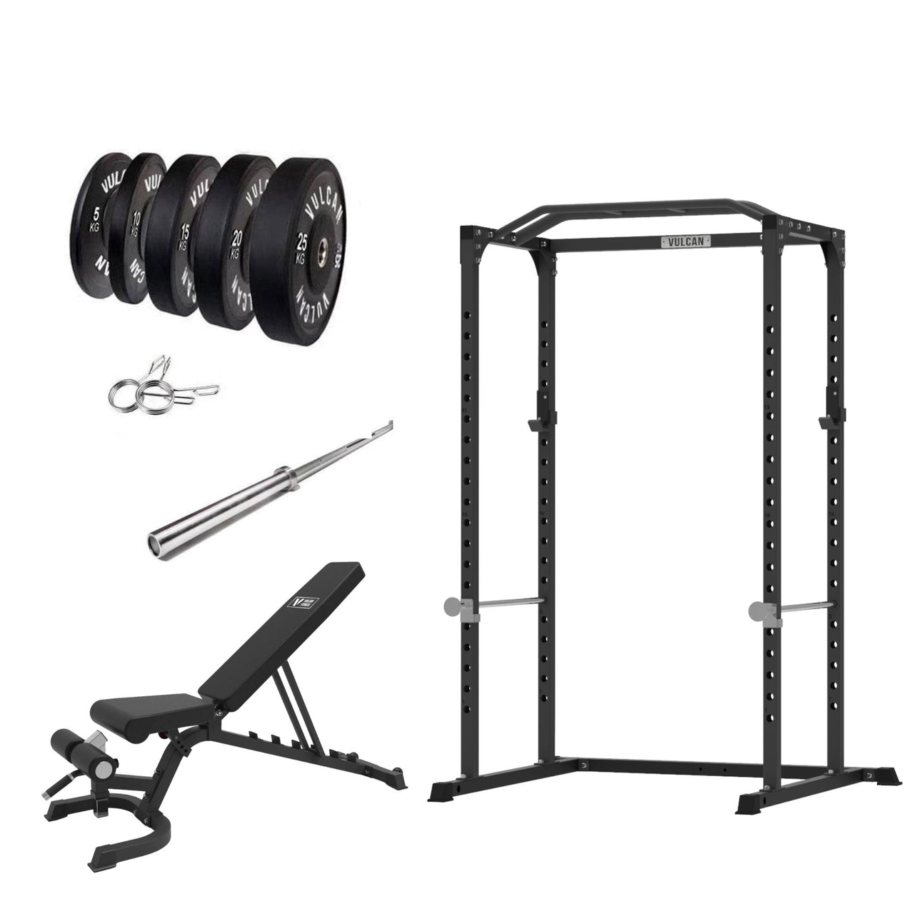 VULCAN Home Gym Power Cage, Olympic Barbell, 150kg Black Bumper Weight Plates & Home Adjustable Bench | IN STOCK