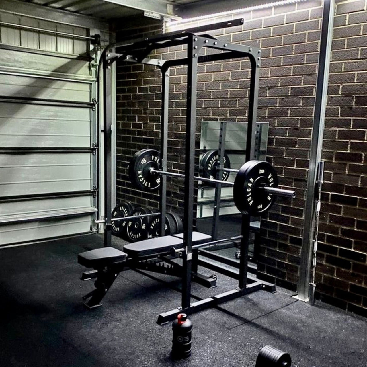 VULCAN Home Gym Power Cage, Olympic Barbell, 150kg Black Bumper Weight Plates & Pro Adjustable Bench | IN STOCK