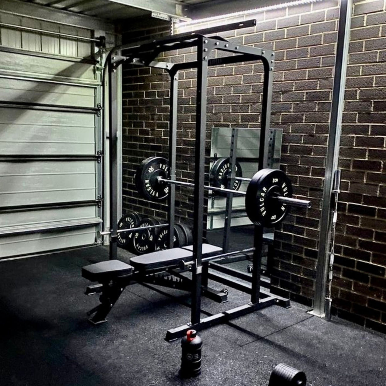 VULCAN Home Gym Power Cage, Olympic Barbell, 100kg Black Bumper Weight Plates & Pro Adjustable Bench | IN STOCK
