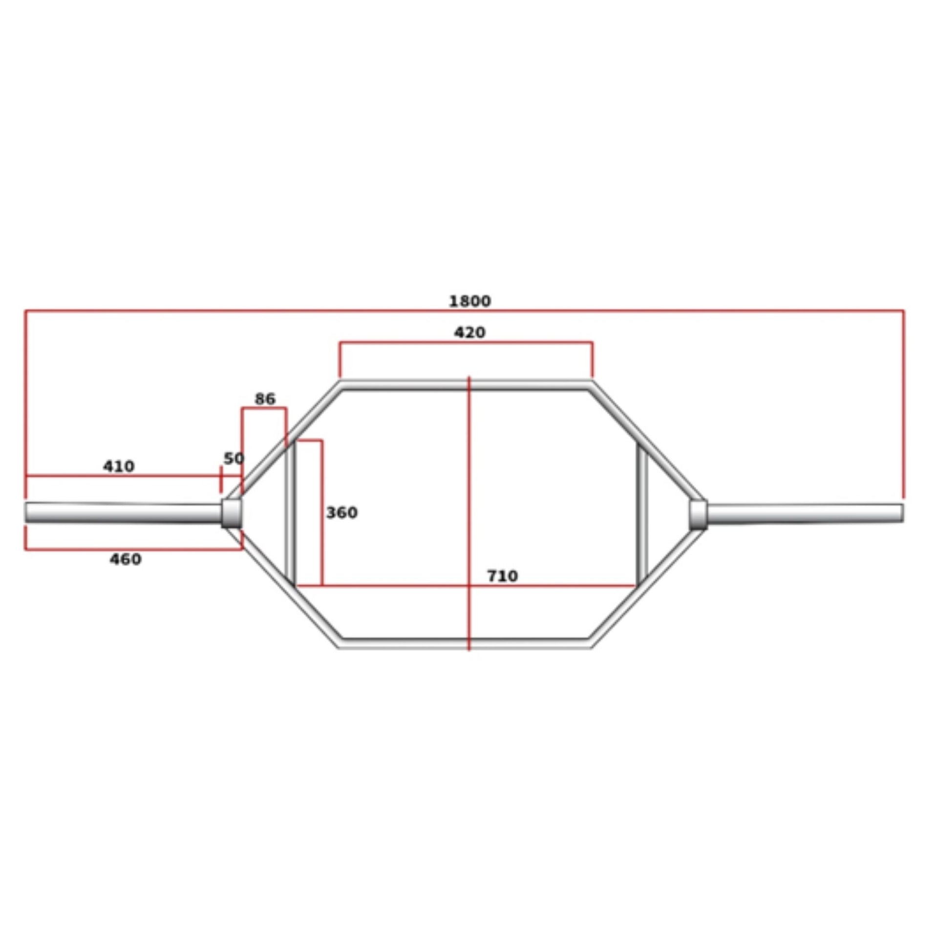 dimensions of image of a dead lift trap bar for dead lifts and shrugs