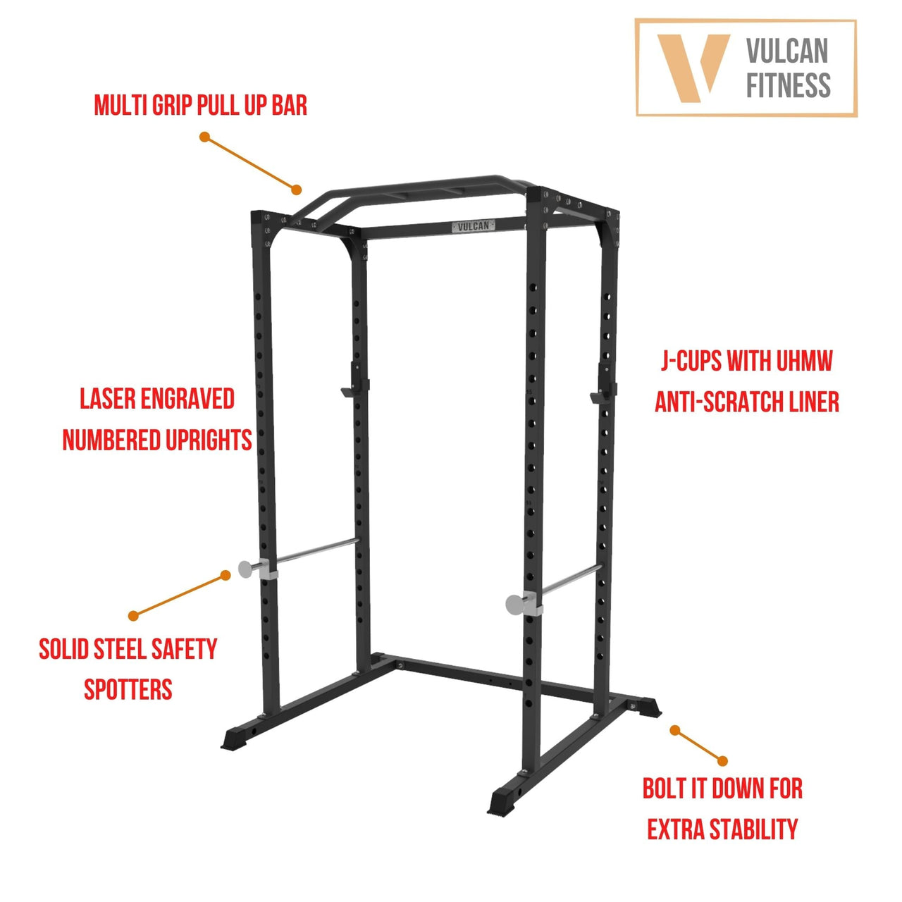 VULCAN Home Gym Power Cage, Olympic Barbell, 100kg Black Bumper Weight Plates & Home Adjustable Bench | IN STOCK
