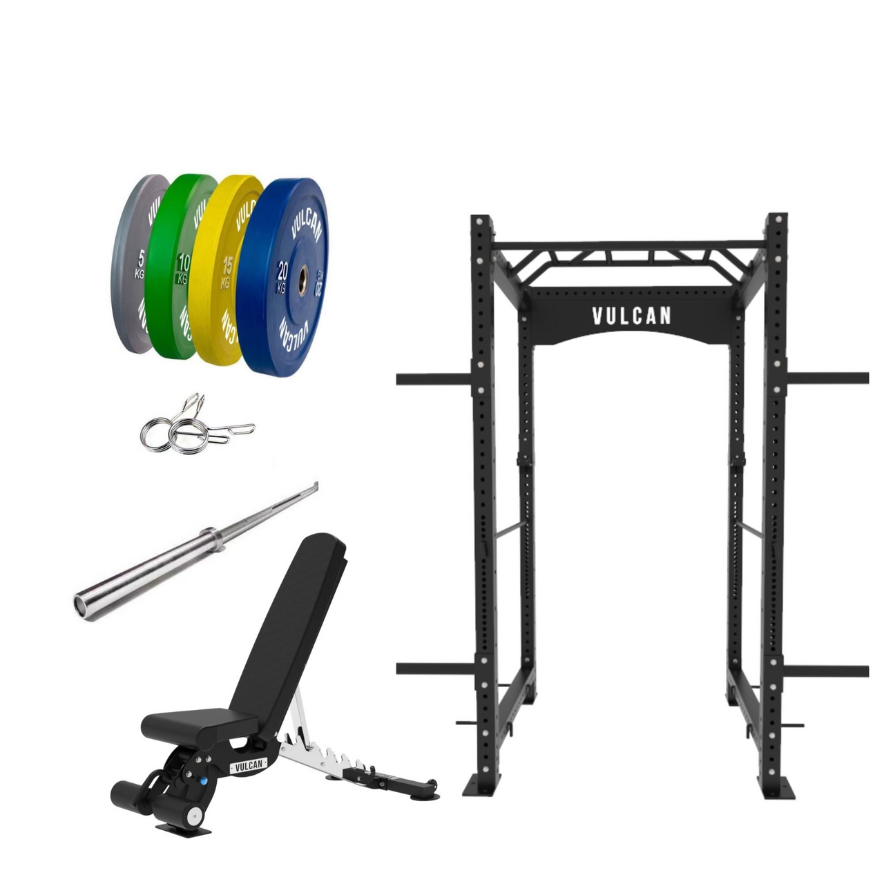 VULCAN Commercial Power Cage, Olympic Barbell, 100kg Colour Bumper Weight Plates & Commercial FID Bench | PRE-ORDER MID-LATE FEBRUARY