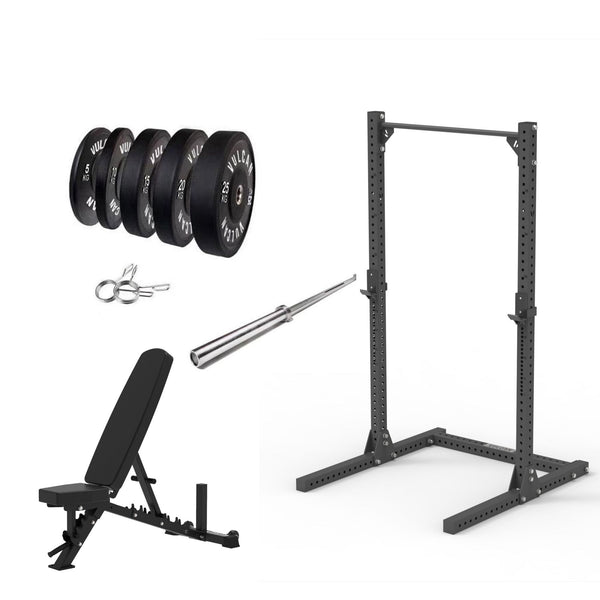 VULCAN Elite Squat Rack Olympic Barbell 150kg Black Bumper Weight Plates Pro Adjustable Bench IN STOCK