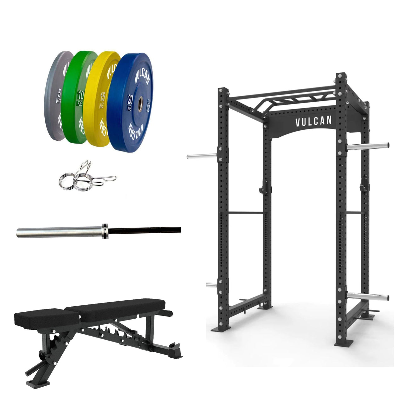 VULCAN Commercial Power Rack Olympic Barbell, 100kg Colour Bumper Weight Plates & Adjustable Bench | IN STOCK