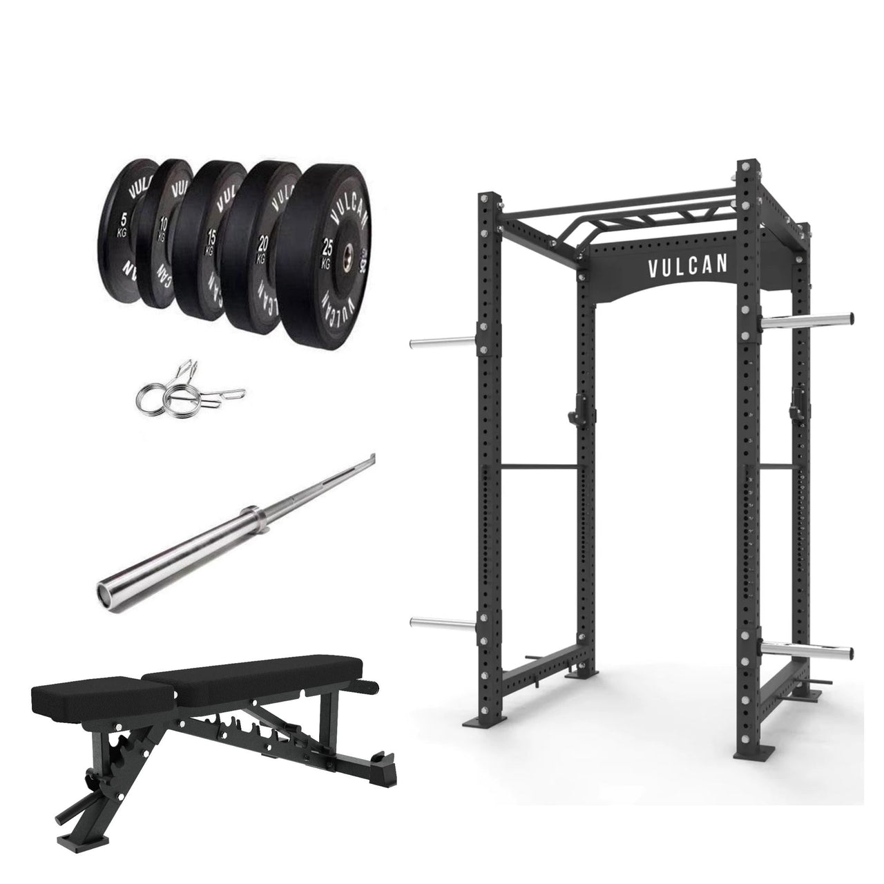 VULCAN Commercial Power Rack, Olympic Barbell, 150kg Black Bumper Weight Plates & Adjustable Bench | IN STOCK