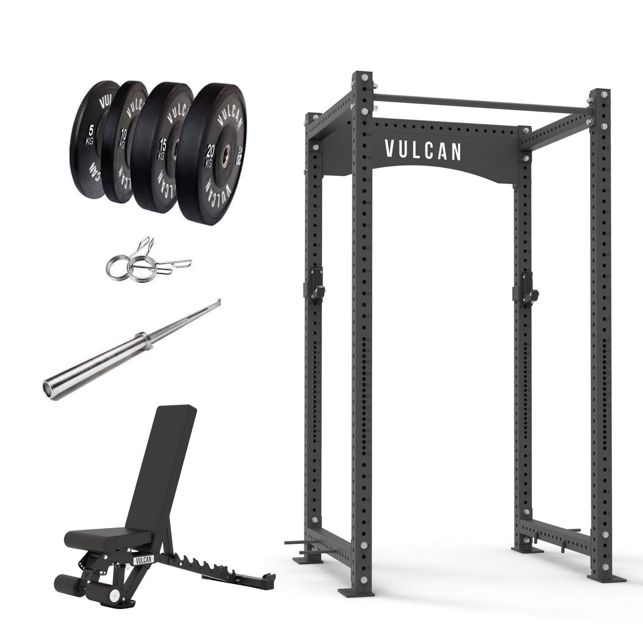 VULCAN Atlas Power Rack, Olympic Barbell, 100kg Black Bumper Weight Plates & Commercial FID Bench | IN STOCK