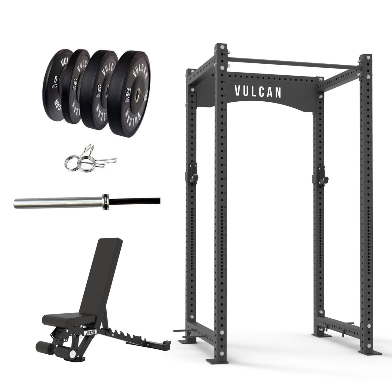 VULCAN Atlas Power Rack, Olympic Barbell, 100kg Black Bumper Weight Plates & Commercial FID Bench | IN STOCK