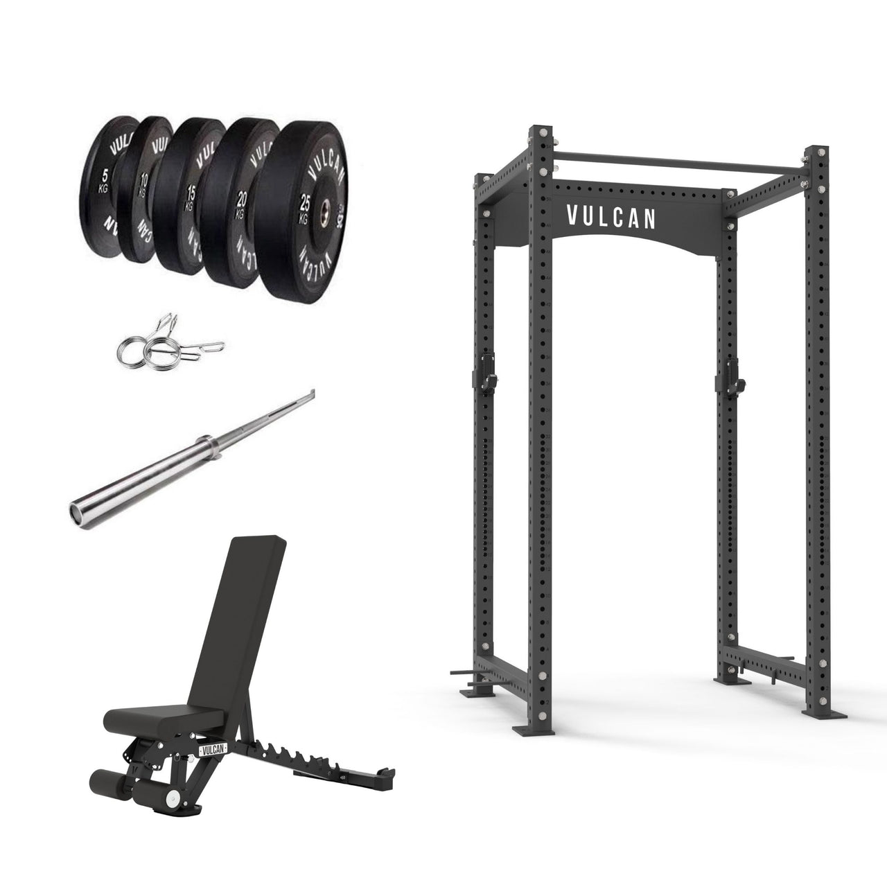 VULCAN Atlas Power Rack, Olympic Barbell, 150kg Black Bumper Weight Plates & Commercial FID Bench | IN STOCK