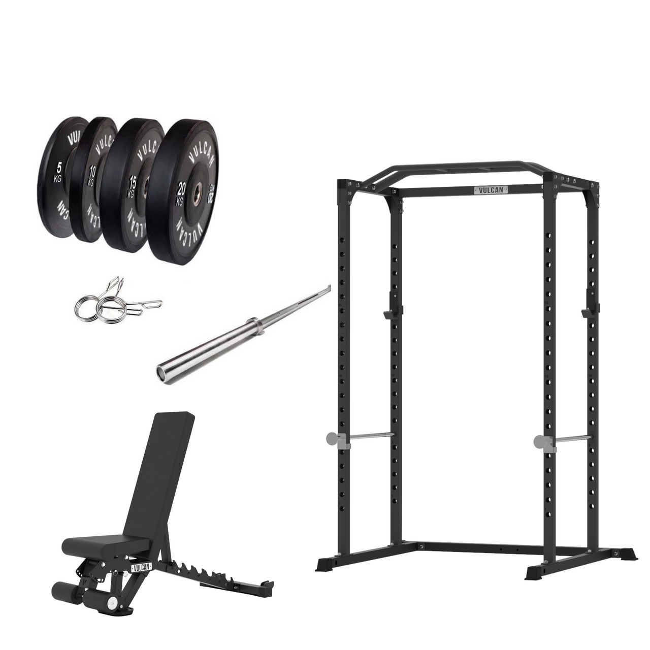 VULCAN Home Gym Power Cage, Olympic Barbell, 100kg Black Bumper Weight Plates & Commercial FID Bench | IN STOCK