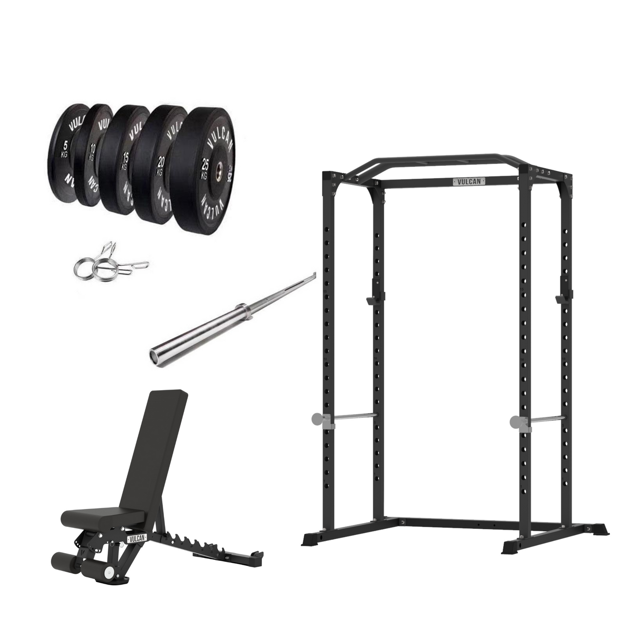 VULCAN Home Gym Power Cage, Olympic Barbell, 150kg Black Bumper Weight Plates & Commercial FID Bench | IN STOCK