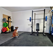 home gym with commercial squat rack