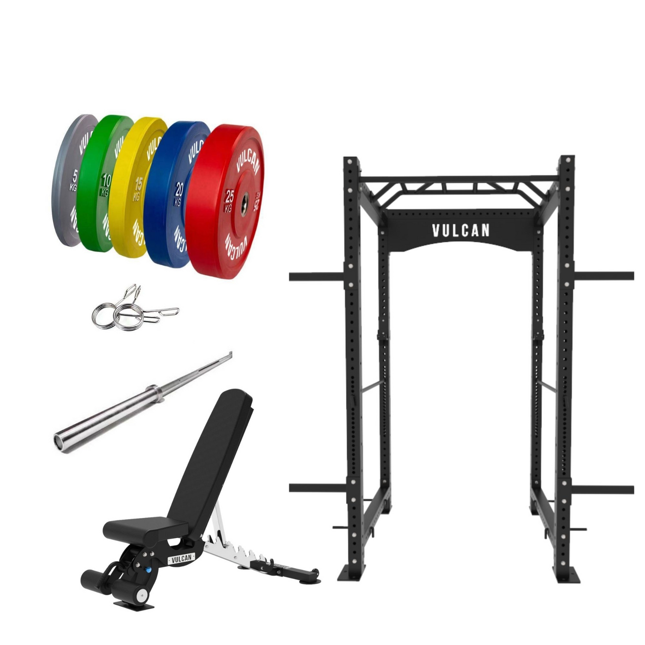 VULCAN Commercial Power Cage, Olympic Barbell, 150kg Colour Bumper Weight Plates & Commercial FID Bench | PRE-ORDER MID-LATE FEBRUARY
