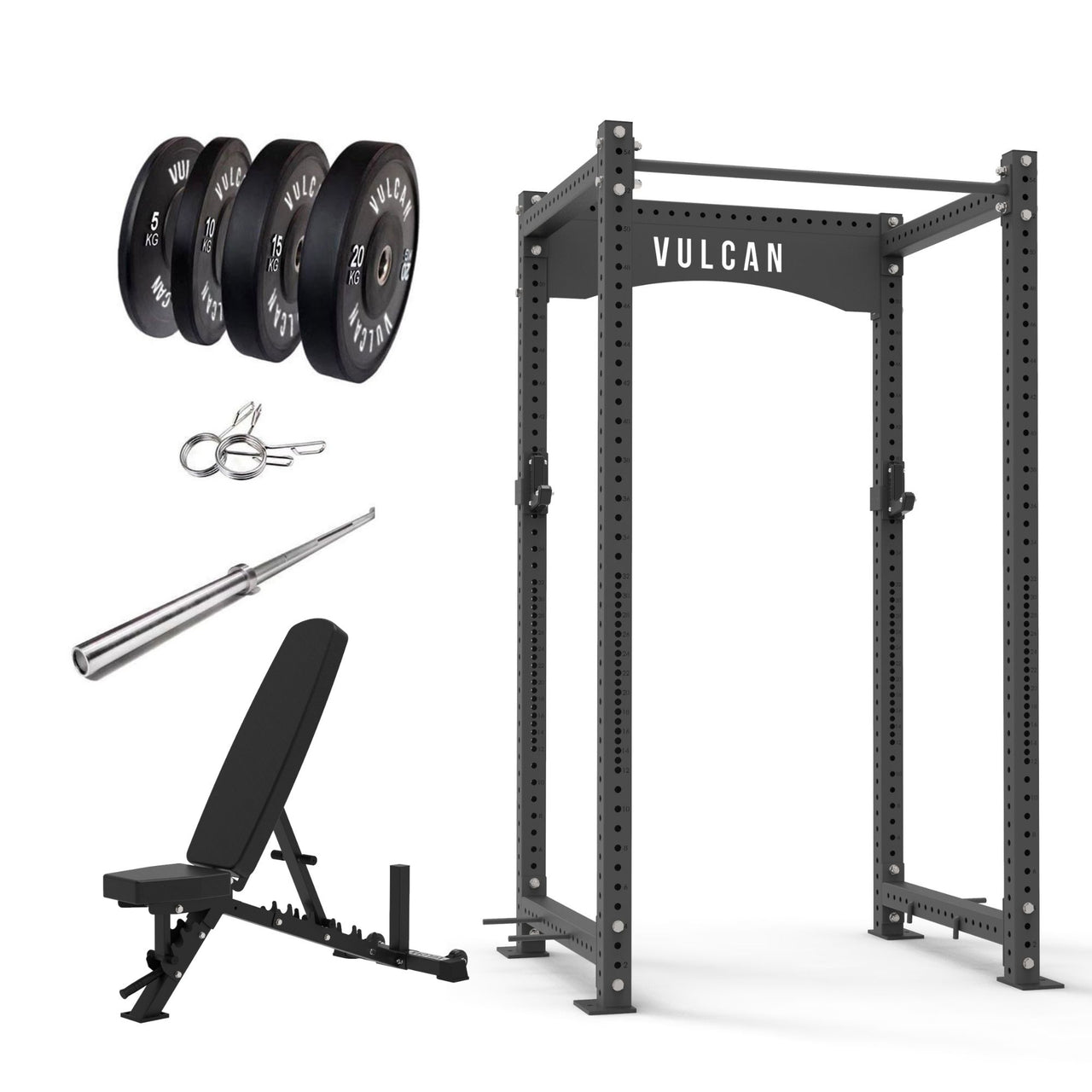 VULCAN Atlas Power Rack, Olympic Barbell, 100kg Black Bumper Weight Plates & Pro Adjustable Bench | IN STOCK