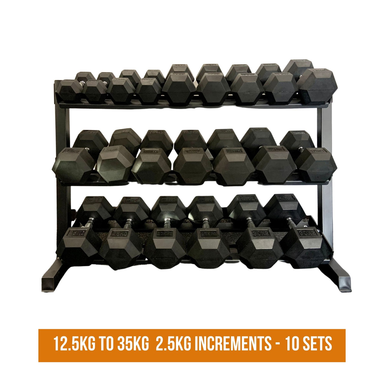 VULCAN Commercial Hex Dumbbells (12.5kg to 35kg | 2.5kg Increments | 10 Sets) & Dumbbell Rack | IN STOCK